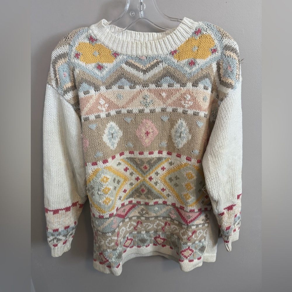 Vintage Cottagecore Grannycore crewneck sweater with pastel geometric design S